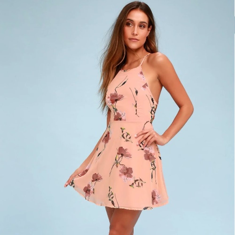 Blush Pink Floral Print Lace-Up Skater Dress
